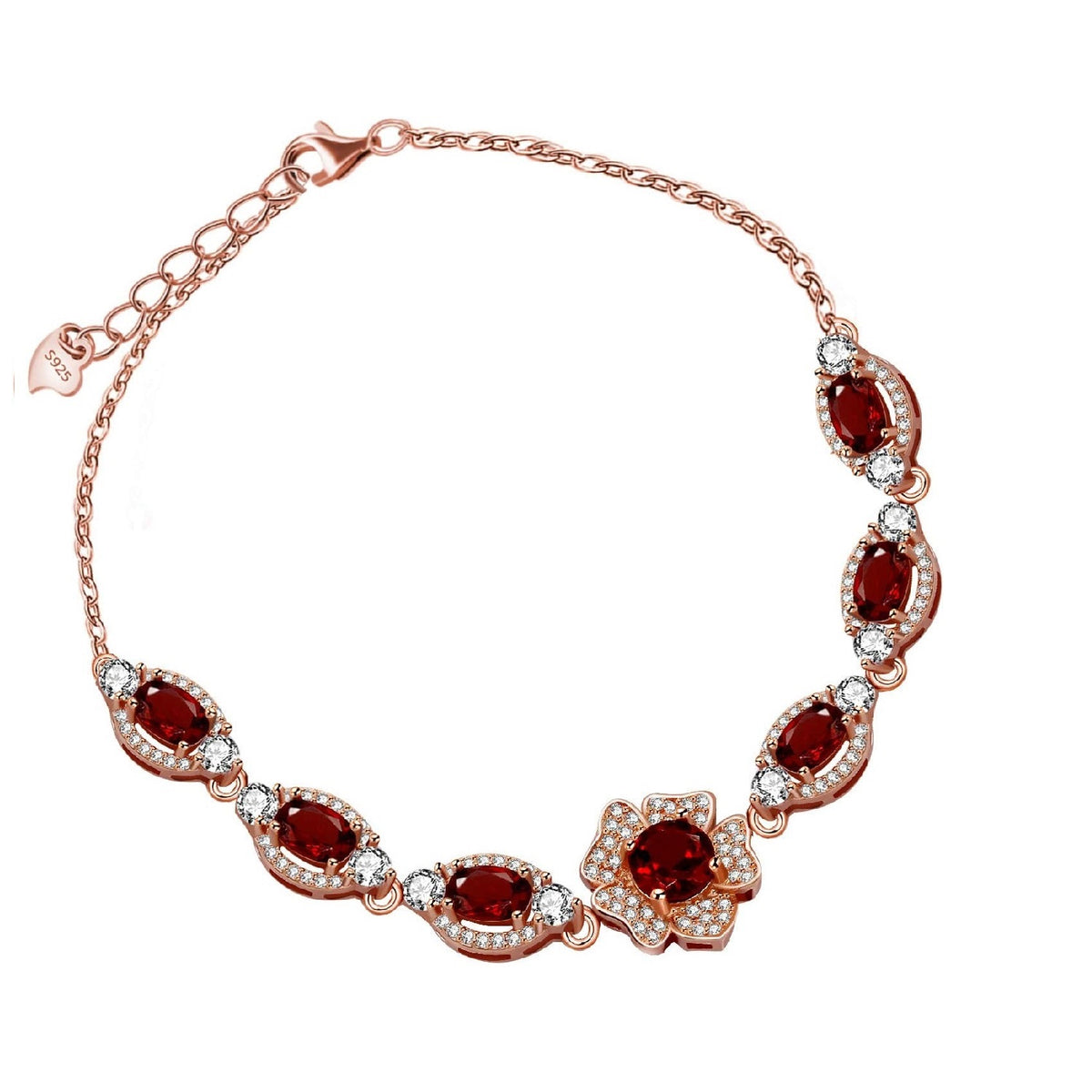 Uloveido Dainty 7 Stone Natural Red Garnet Bracelet Flower Design Rose Gold Plated 925 Sterling Silver Chain Bracelet January Birthstone Bracelet Gifts Idea for Women Girlfriend Mom FB063