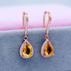 Uloveido 1.5CT Natural Authentic Teardrop Pear Cut Citrine Drop Dangle Earrings for Women, 925 Sterling Silver Rose Gold Plated Birthstone Jewellery for Girls FR001