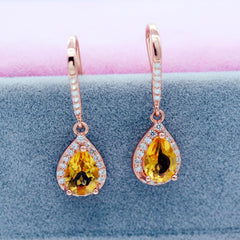 Uloveido 1.5CT Natural Authentic Teardrop Pear Cut Citrine Drop Dangle Earrings for Women, 925 Sterling Silver Rose Gold Plated Birthstone Jewellery for Girls FR001