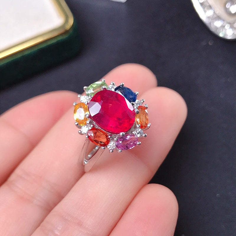 925 Silver Inlaid 8*10mm Ruby Women's Adjustable Ring, Gemstone Ring, Birthstone Ring Fine Jewelry