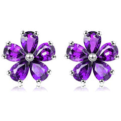 Uloveido Purple Amethyst Flower Studs Earrings for Women,925 Sterling Silver Purple Crystal Earrings Studs for Girls February Birthstone Gift CR003 (Purple)