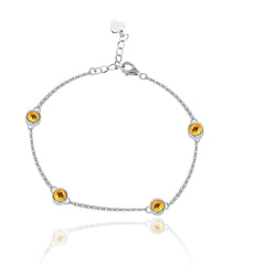 Uloveido 4mm Round Citrine 925 Sterling Silver Metal Link Chain Bracelet for Women with Yellow Crystals FB045