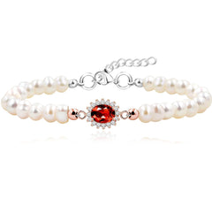 Uloveido Natural Freshwater Pearl Beaded Bracelet Center Setting with Red Garnet Gemstone - Precious Birthstone Bracelets for Women